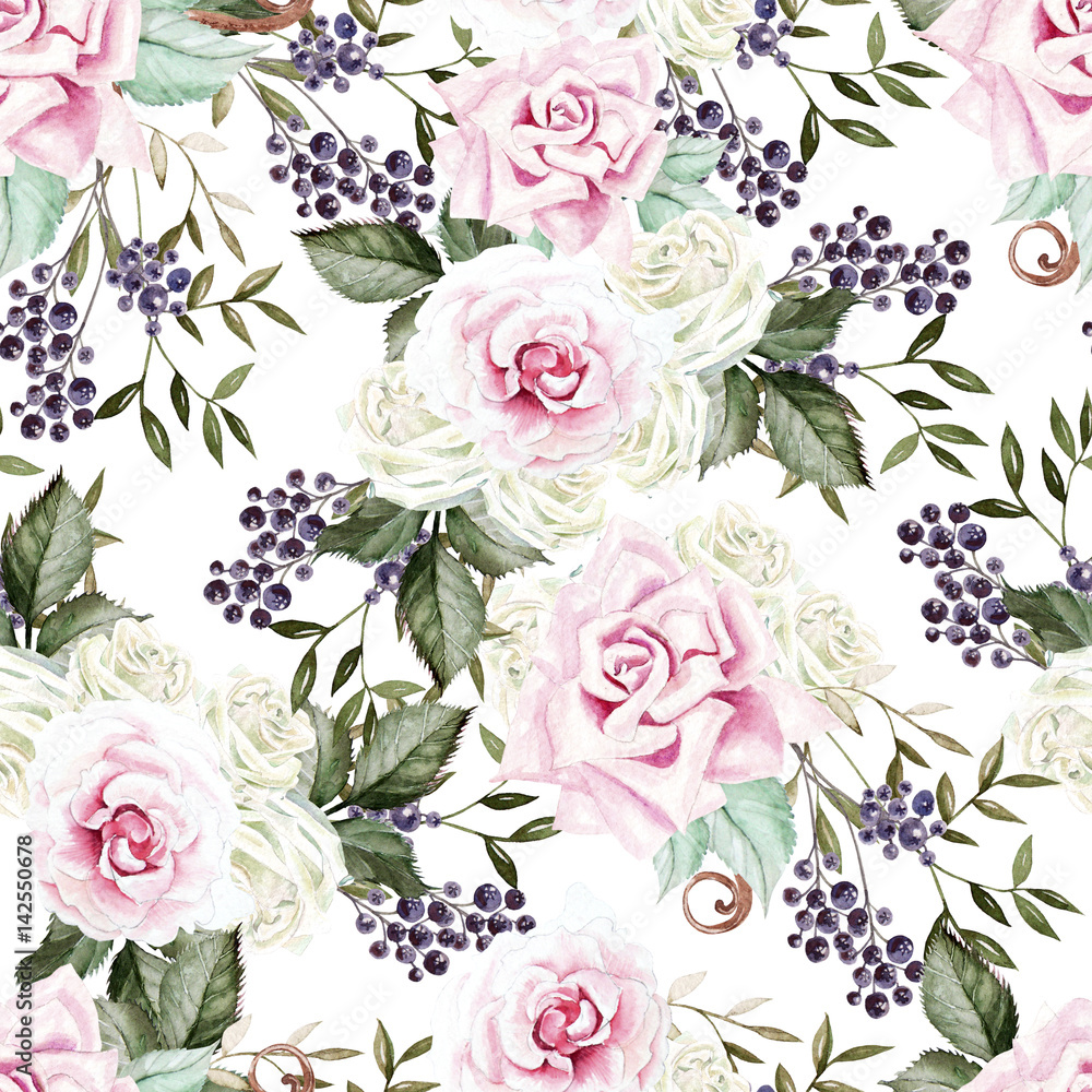 Bright watercolor seamless pattern with flowers roses, blackberries. Illustration