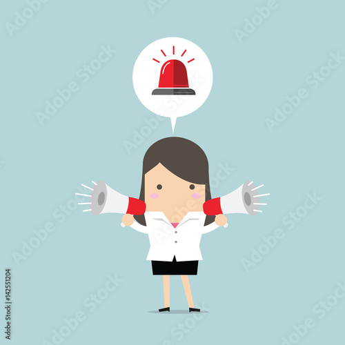 Businesswoman holding megaphone with siren in speech bubble. Emergency concept. vector