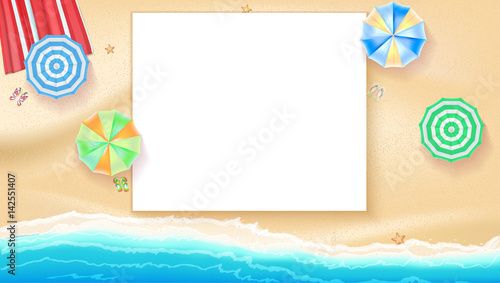 Set of colorful beach sun umbrellas flip-flops and beach Mat on the background of sand near the sea surf and starfish, top view. Summer beach background with place for your message