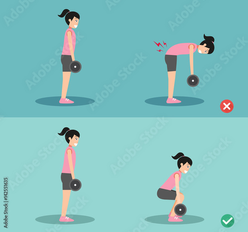 Woman wrong and right deadlift posture,illustration