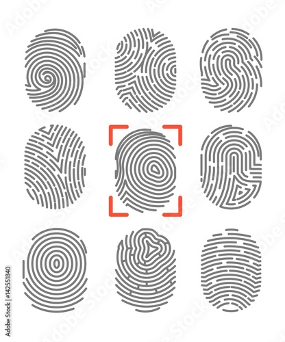 Fingerprints or fingertip print identification vector icons set