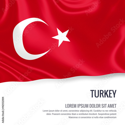 Silky flag of Turkey waving on an isolated white background with the white text area for your advert message. 3D rendering.