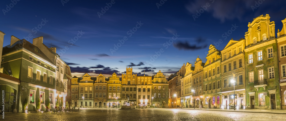 Main square of the old town of Poznan, Poland,Night panorama of old town.