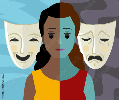 bipolar double personality mental disorder african girl woman theater masks