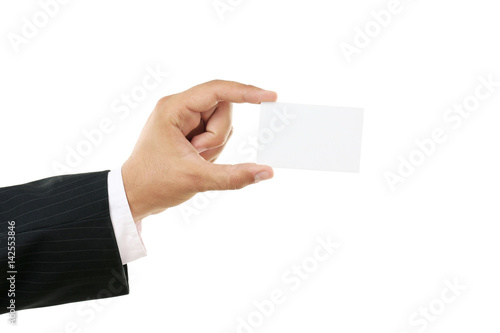 Businessman holding blank card in his hand on white background