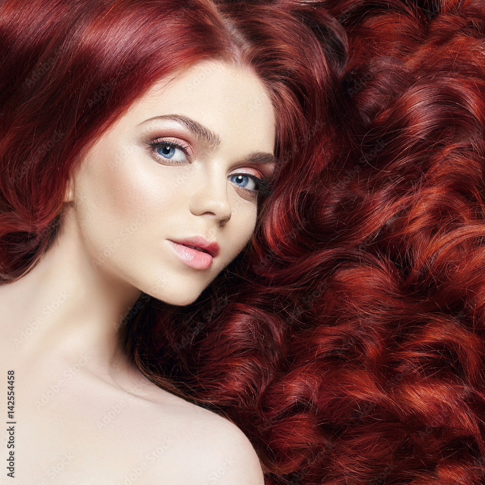 1000px x 1000px - Sexy nude beautiful redhead girl with long hair. Perfect woman portrait on  light background. Gorgeous hair and deep eyes. Natural beauty, clean skin,  facial care and hair. Strong and thick hair Stock