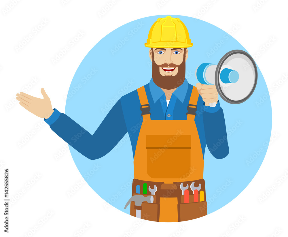Worker with loudspeaker shows something beside of him Worker with loudspeaker shows something beside of him
