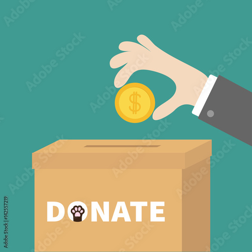 Human hand putting golden coin money with dollar sign into donation paper cardboard box. Helping hands concept. Donate and help pets animals. Dog cat paw print. Flat design style. Green background.