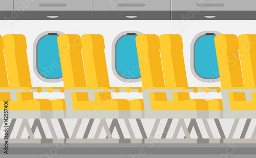Aircraft interior with windows and seats, colorful flat vector illustration