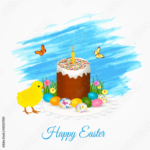 Easter greeting card with easter cake, chicken, eggs.