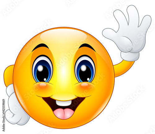 Cartoon emoticon smiley face waving hello photo