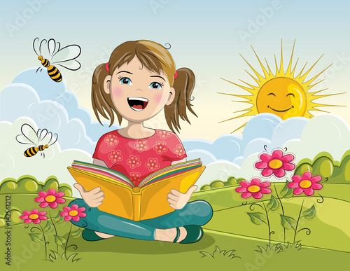 Cartoon girl reading book - vector illustration