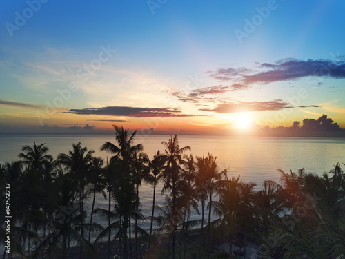 Aerial view from drone on palm trees and the sea on a sunset. Bali. Indonesia..