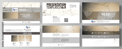 Business templates in HD format for presentation slides. Abstract vector layouts in flat design. Technology, science, medical concept. Golden dots and lines, cybernetic digital style. Lines plexus.