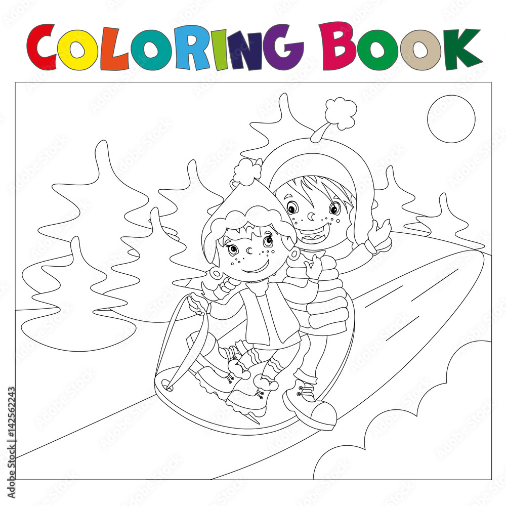 Fototapeta Children on the sled coloring book
