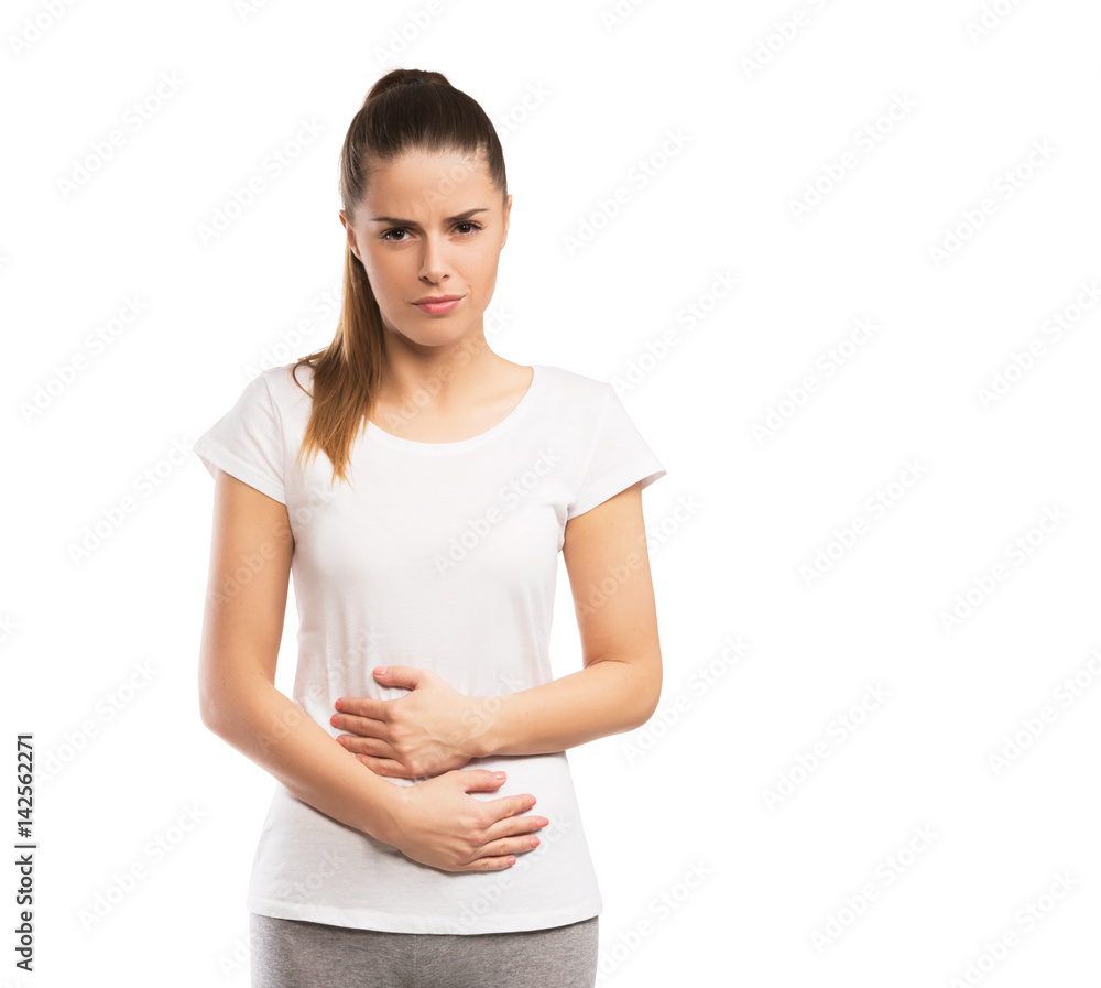 Woman having abdominal pain isolated on white Woman having abdominal pain isolated on white