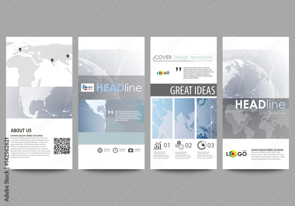 The minimalistic abstract vector illustration of the editable layout of four modern vertical banners, flyers design business templates. Technology concept. Molecule structure, connecting background. The minimalistic abstract vector illustration of the editable layout of four modern vertical banners, flyers design business templates. Technology concept. Molecule structure, connecting background.
