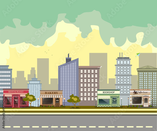 City street with urban buildings and shops