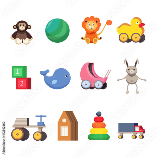 Kids toys set. Colorful flat illustrations.