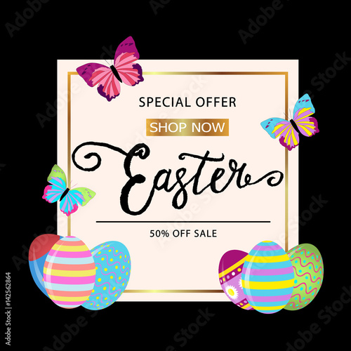 Easter  banner background template with beautiful colorful butterfly and eggs.