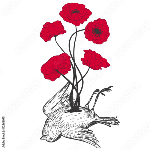 Dead bird with poppies on white background in vintage retro style. Vector illustration for tattoos, covers, stickers.