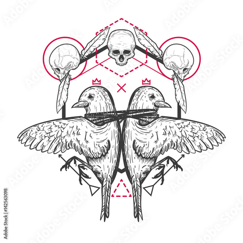 Two birds with human skull and geometric elements in retro vintage style. Template for tattoo, print, cover. Vector illustration.