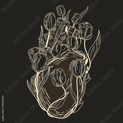 Abstract vintage human heart with red tulips. Creative original vector illustration in hipster retro style. Trendy design background for print, textile, cover, poster.