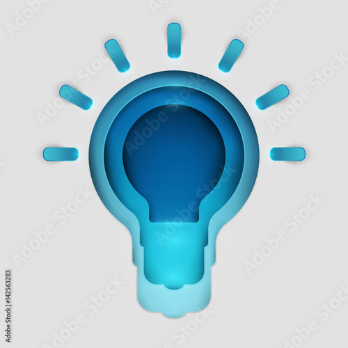 Paper art cartoon light bulb in realistic trendy craft style. Modern origami design template. Concept inspiration or idea for your projects. Vector illustration.