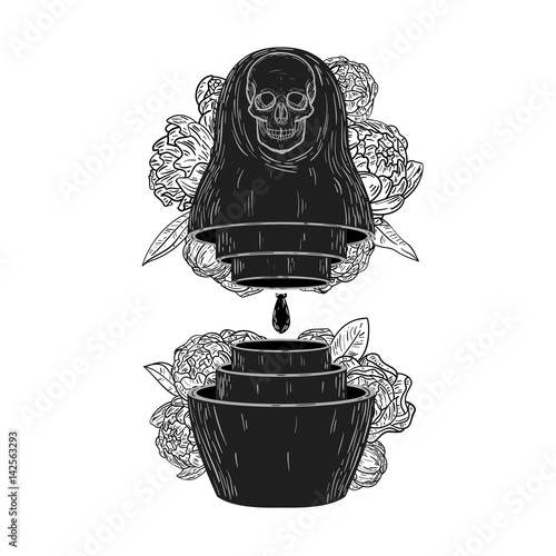 Vintage abstract form russian traditional doll matryoshka with skull, flower and nuclear bomb. Creative original vector illustration in hipster retro style. Template for textile, cover, poster.
