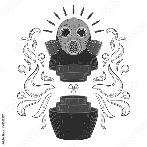 Vintage abstract form russian traditional doll matryoshka with skull face and nuclear bomb in center. Creative original vector illustration in hipster retro style. Template for textile, cover, poster.