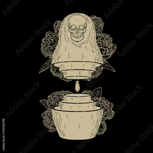 Vintage abstract form russian traditional doll matryoshka with skull, flower and nuclear bomb. Creative original vector illustration in hipster retro style. Template for textile, cover, poster.