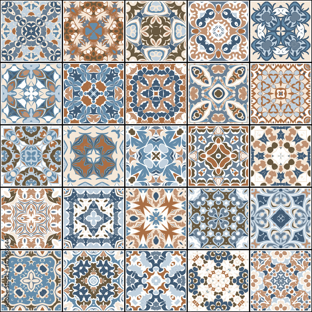 A collection of ceramic tiles in blue and brown colors. A set of square patterns in eastern style. Vector illustration.