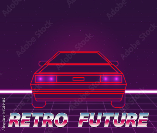 Retro future, 80s style Sci-Fi Background. Futuristic car.