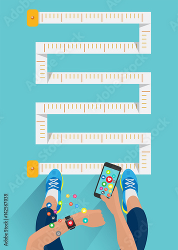 Fitness woman hand with wearing watchband touchscreen smartwatch with holding mobile phone with weight loss measuring tape meter ideas concept, View from above vector illustration