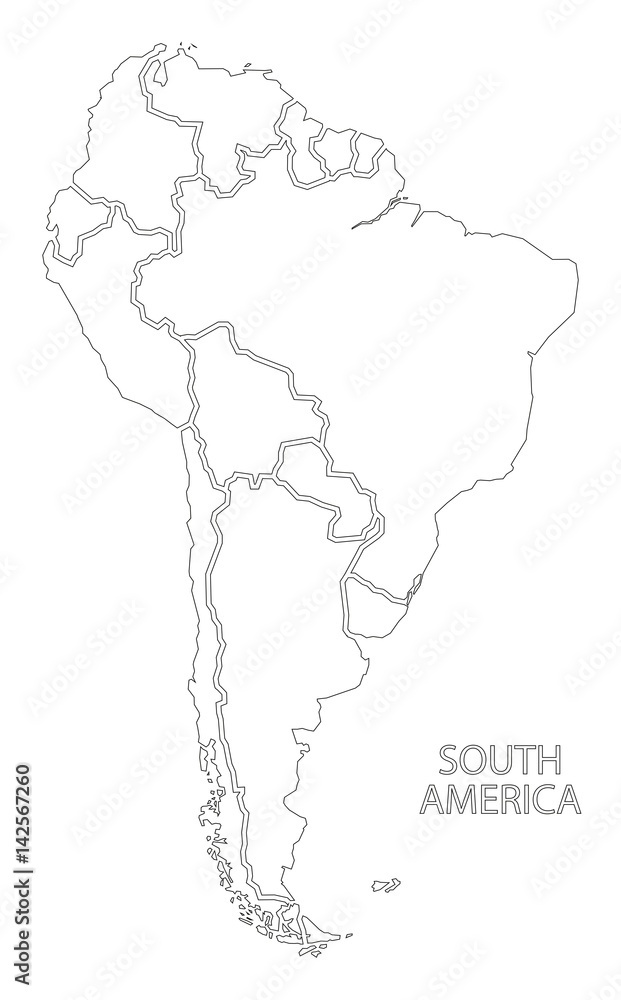 South America outline silhouette map with countries