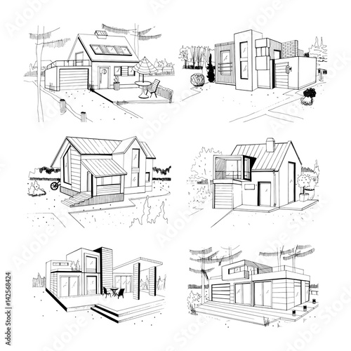 Hand drawn cottage. modern private residential houses. sketch illustrations set.