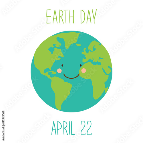 Cute childish Earth Day background with funny smiling cartoon character of planet Earth