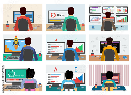 Set of men and women with computer