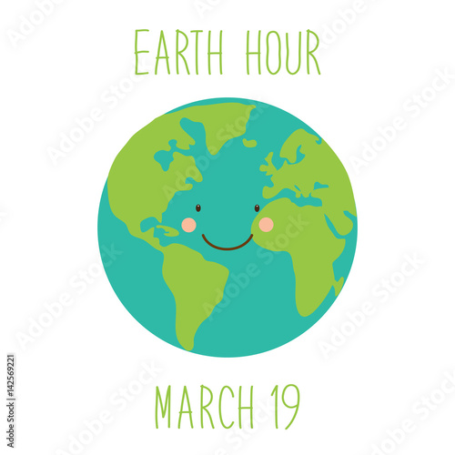 Cute childish Earth Hour background with funny smiling cartoon character of planet Earth