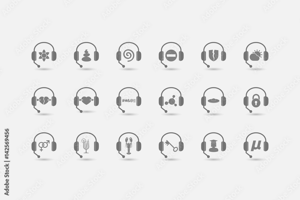 Set of hands free headsets with miscellaneous mixed icons Set of hands free headsets with miscellaneous mixed icons