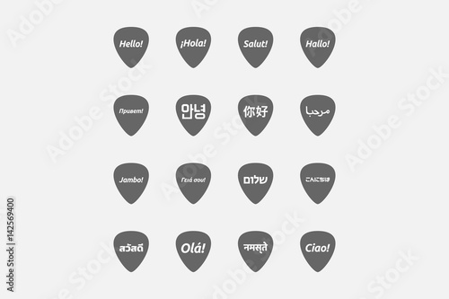 Set of guitar plectrums with  the word hello in different languages