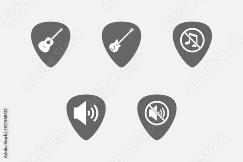 Set of guitar plectrums with  sound and music related icons