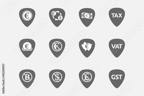 Set of guitar plectrums with  money, economy, business and finance related icons