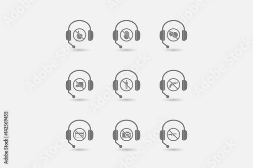 Set of hands free headsets with  prohibition related icons