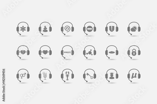 Set of hands free headsets with  miscellaneous mixed icons