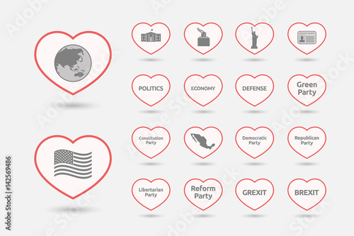Set of line art hearts with  politics, democracy, diplomacy and international relations related icons