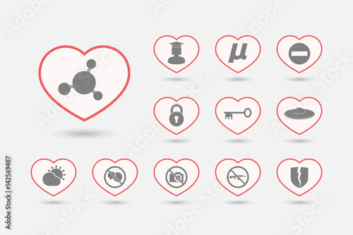 Set of line art hearts with  miscellaneous mixed icons