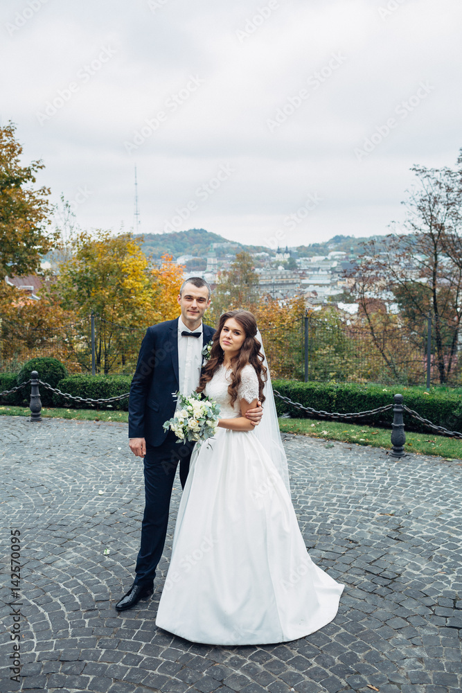 Naklejka premium Newlyweds pose on the square with great panoramic view behind