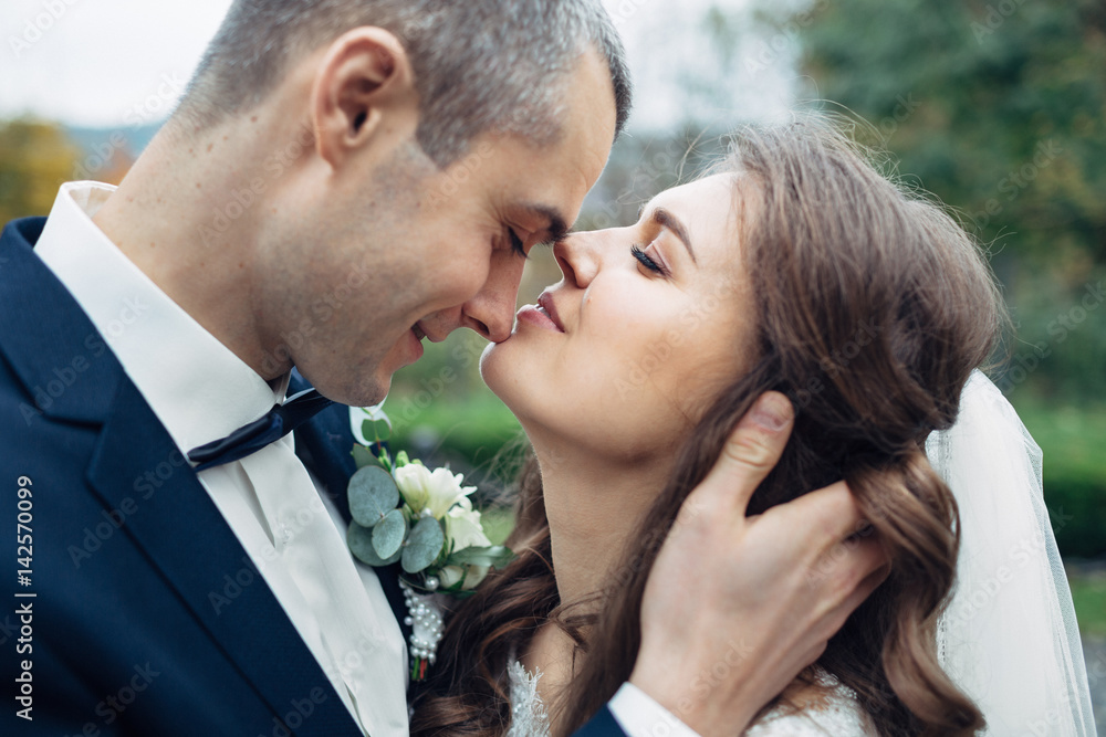 Groom holds bride's head tender while she leans to him for a kiss Groom holds bride's head tender while she leans to him for a kiss