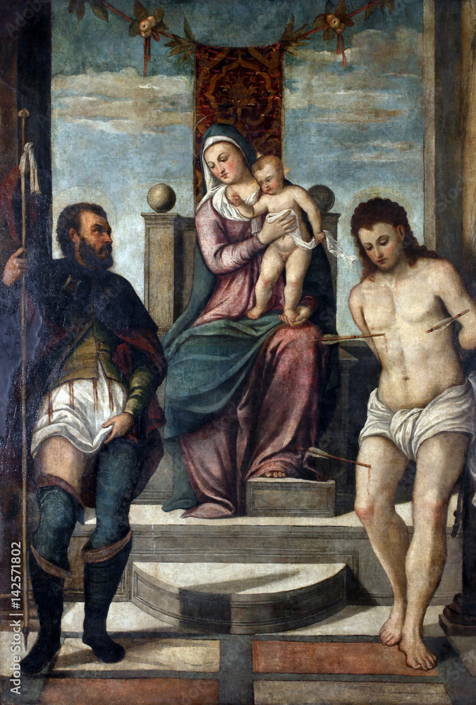 Tiziano Vecellio follower: Madonna and Child on the throne with St. Roch and St. Sebastian